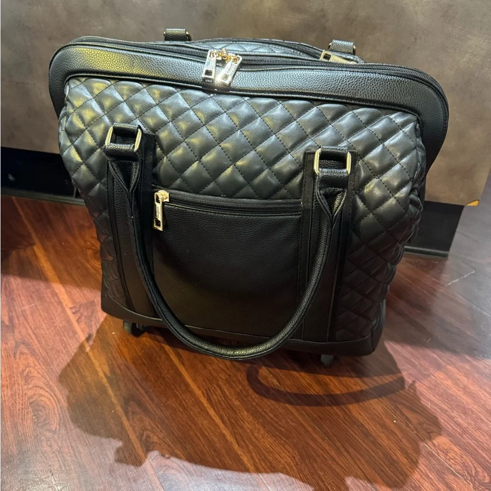 Quilted Black Rolling Laptop Tote - Picture 4 of 8